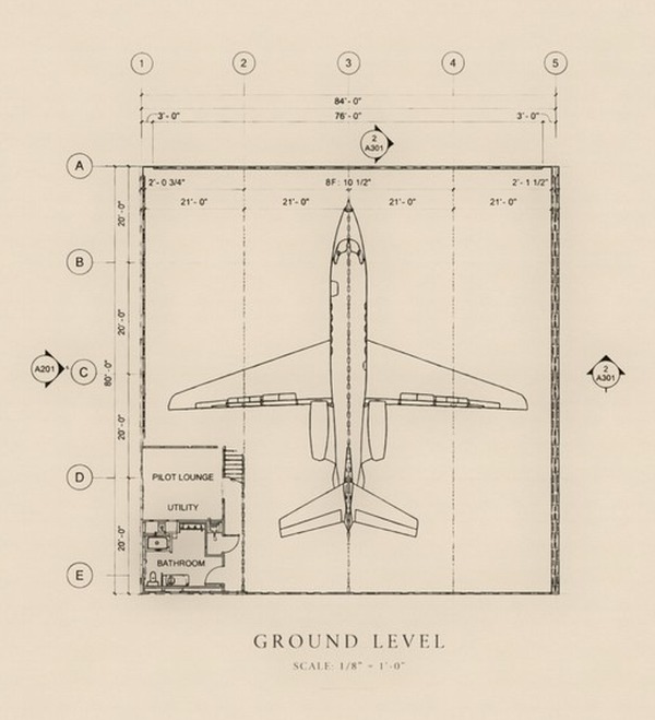 Ground level plan for the 80 by 80 foot hangar unit with pilot lounge, utility and bathroom