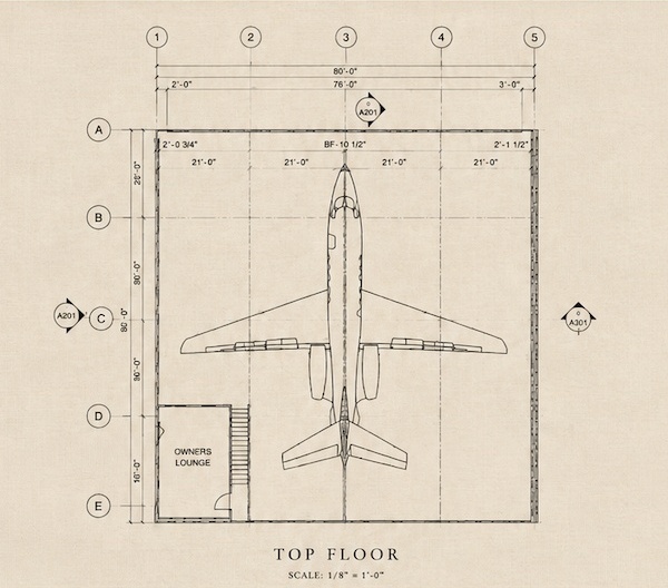 Top floor plan for the 80 by 80 foot hangar unit, scale 1/8 inch to 1 foot