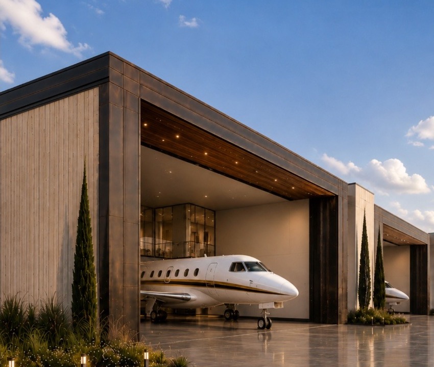 Private hangar exterior in daylight with a jet parked inside, matching the hangar exterior shown on the Opportunity page
