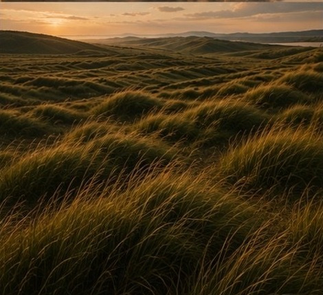 Grass meadow at sunset near the airport