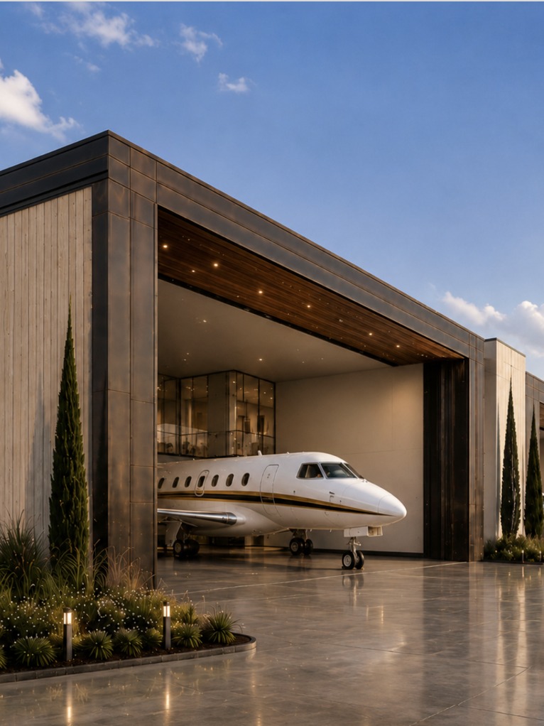 Private hangar exterior in daylight with a jet parked inside