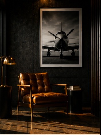 Hangar owner's lounge interior with a leather chair and framed aircraft photograph