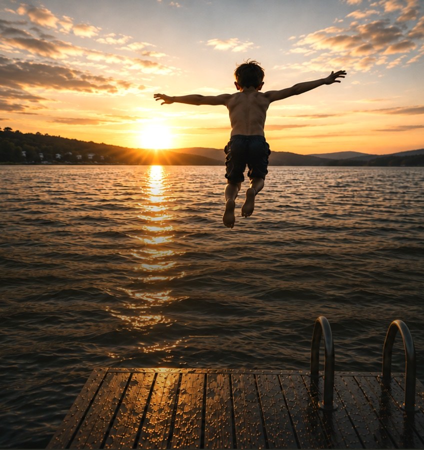 Child jumping off a dock into Lake Winnipesaukee at sunset