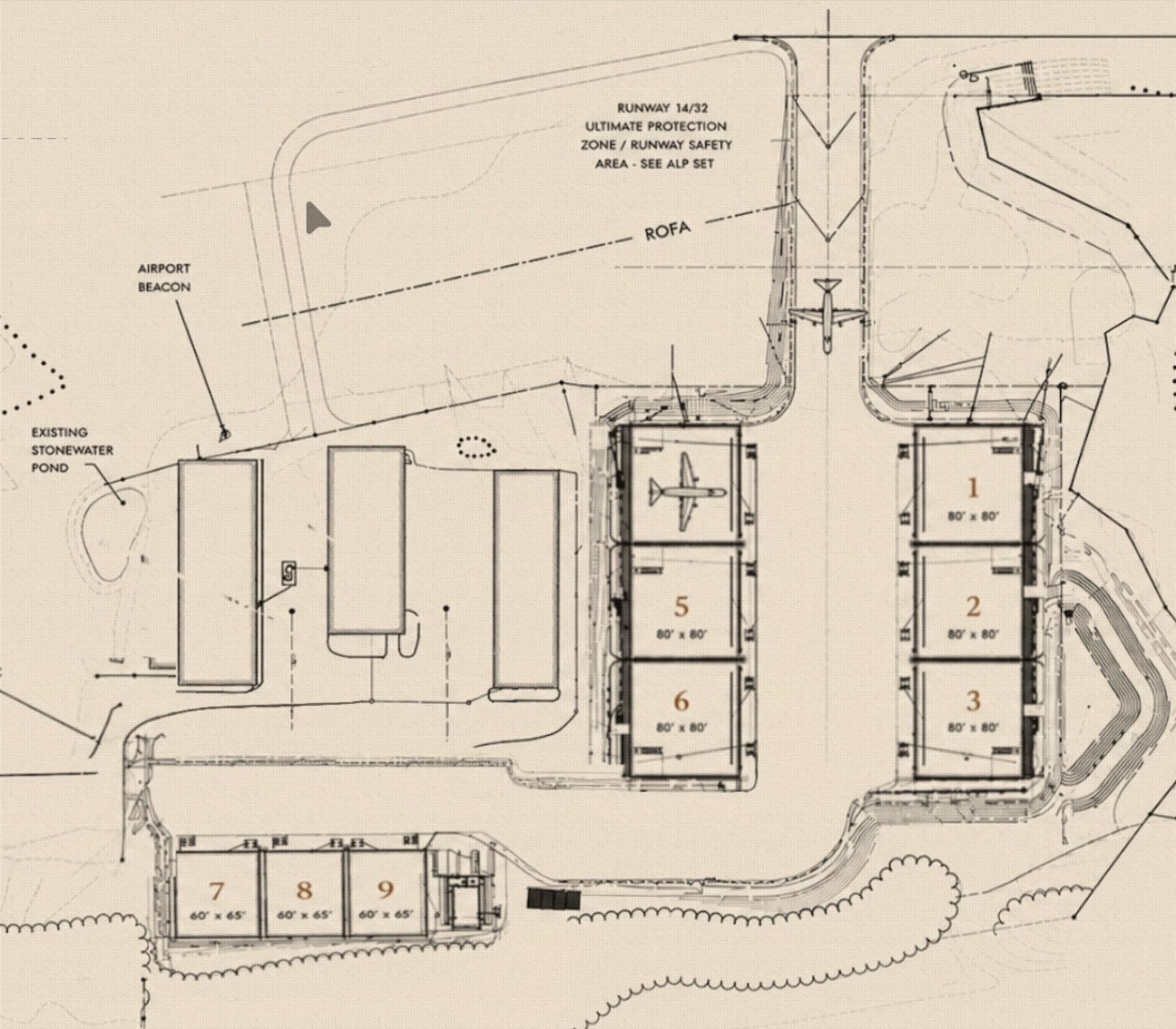 Site plan diagram showing nine private hangars, automatic gate, airport beacon, existing stonewater pond and runway protection zone