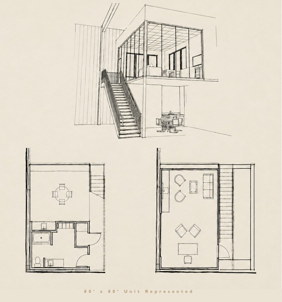 Architectural sketch and floor plans for an 80 by 80 foot hangar unit