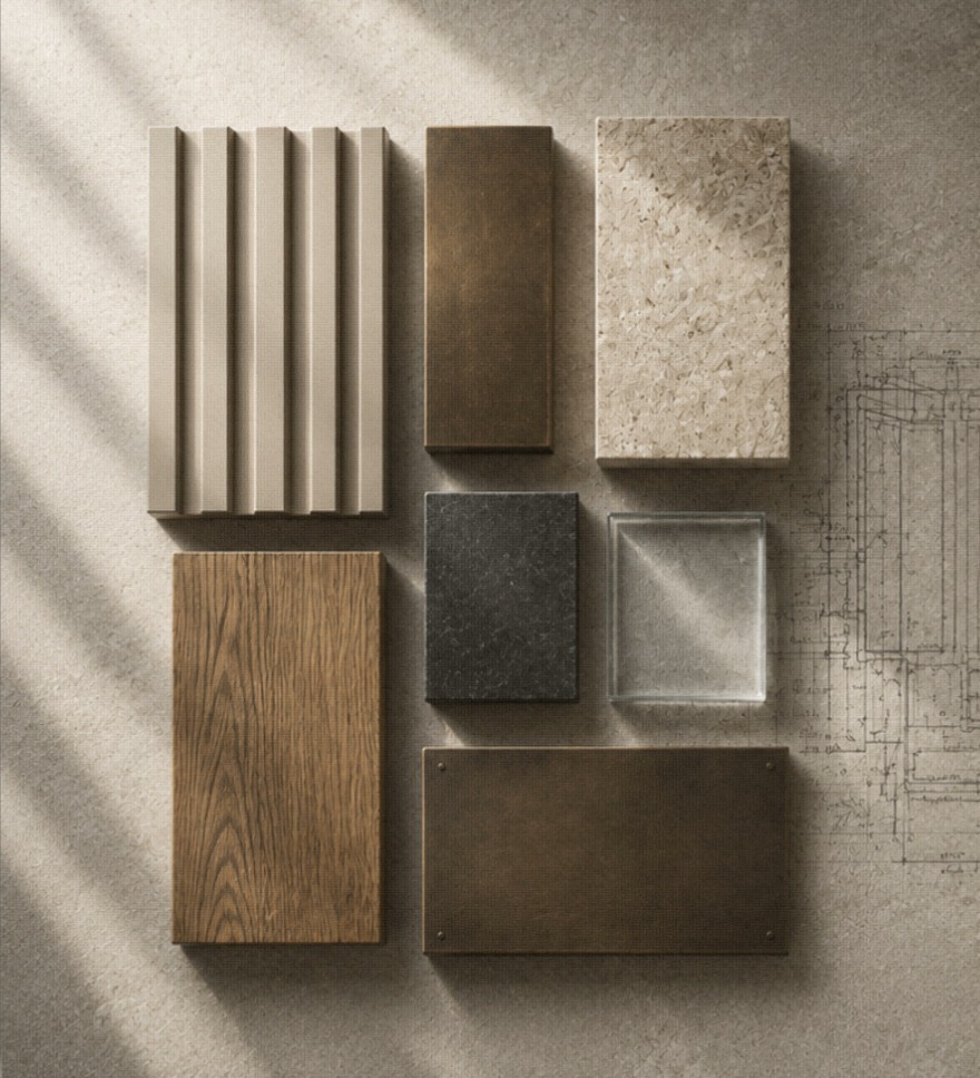 Material sample swatches including bronze, stone, glass and wood finishes