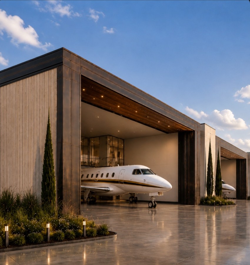 Private aircraft hangar at dusk with a jet parked inside, at The Landing at KLCI
