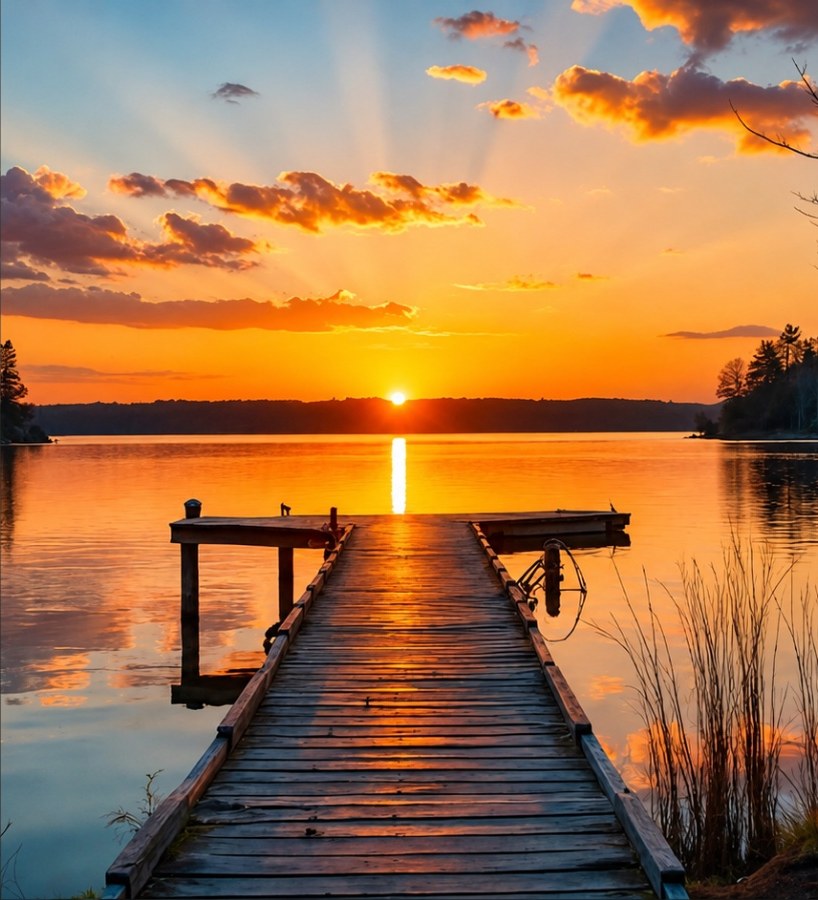 Dock stretching into Lake Winnipesaukee at sunset