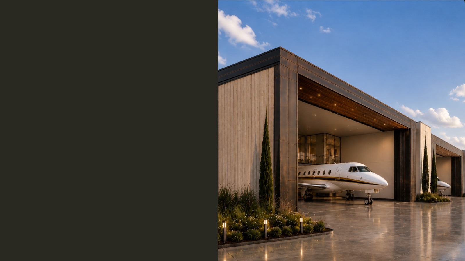 The Landing opportunity statement beside a luxury private aircraft hangar rendering