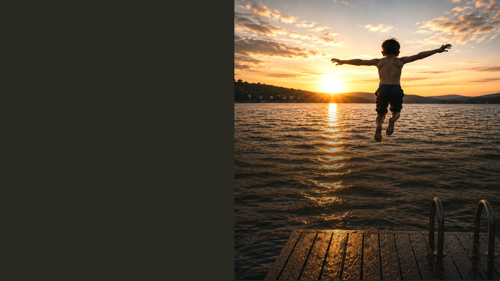 The Lakes Region story beside a child jumping into Lake Winnipesaukee at sunset