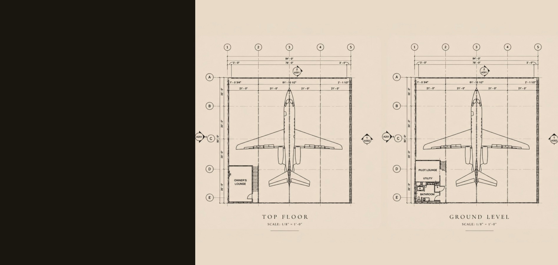 Top floor and ground-level plans for private luxury aircraft hangars
